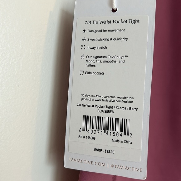 TAVI Activewear 7/8 Tie Waist Pocket Tight / leggings XL Berry - Picture 4 of 4